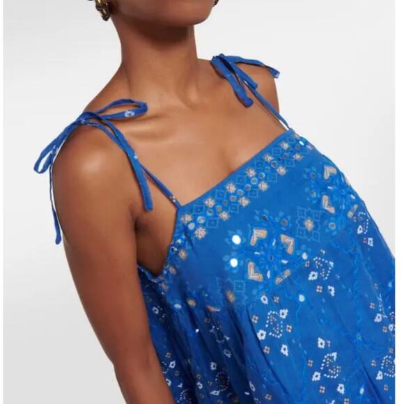 Juliet Dunn Peacock Mosaic Print Wave Blue Cotton Mini Dress Size 3 / Medium - Picture 4 of 11